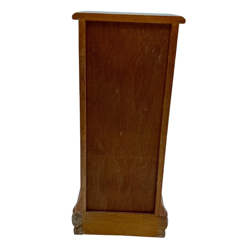 Vintage Wood Jewelry Armoire 14in Brown Etched Glass Rotating Carousel